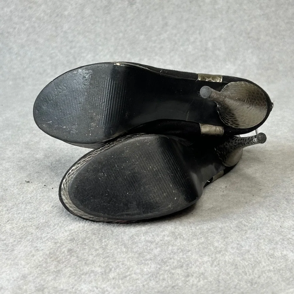 Vintage Guess Black Suede Ankle Boots Silver Metallic Trim Platform Heels 8M 90s